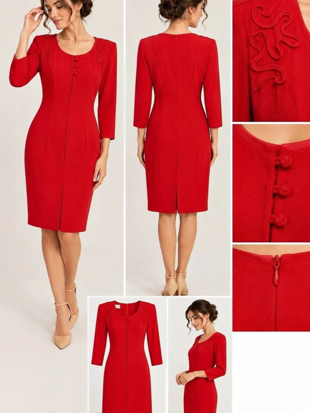 Vintage 1980s Nina Piccalino Red Embroidered Midi Dress Size 6